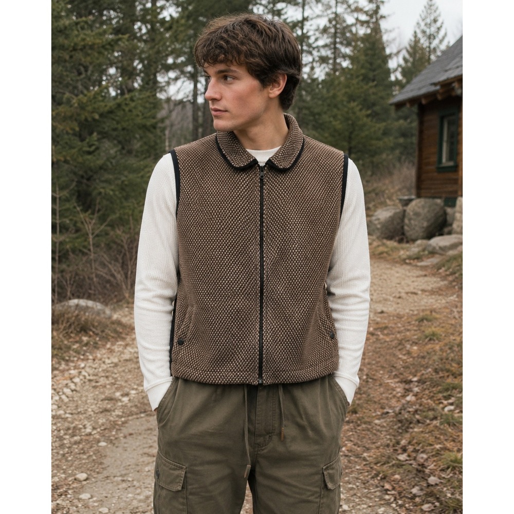 REI Fleece Vest Mens XL Brown Textured Knit Full Zip Vintage Gorpcore Outdoor